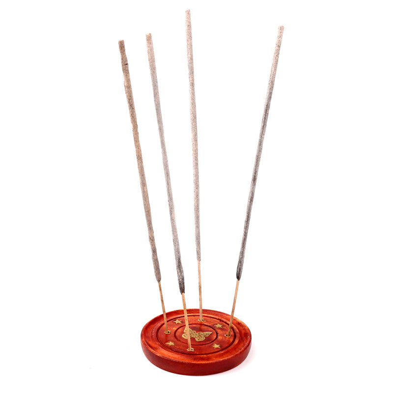 Mango Wood Round Ashcatcher Incence Burner with Butterfly Inlay IF165M