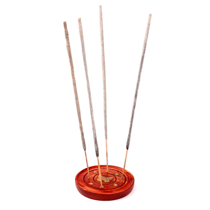 Mango Wood Round Ashcatcher Incence Burner with Butterfly Inlay IF165M