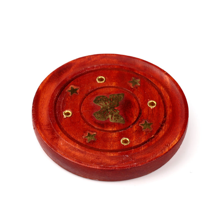 Mango Wood Round Ashcatcher Incence Burner with Butterfly Inlay IF165M