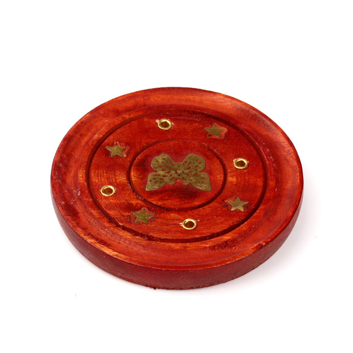 Mango Wood Round Ashcatcher Incence Burner with Butterfly Inlay IF165M