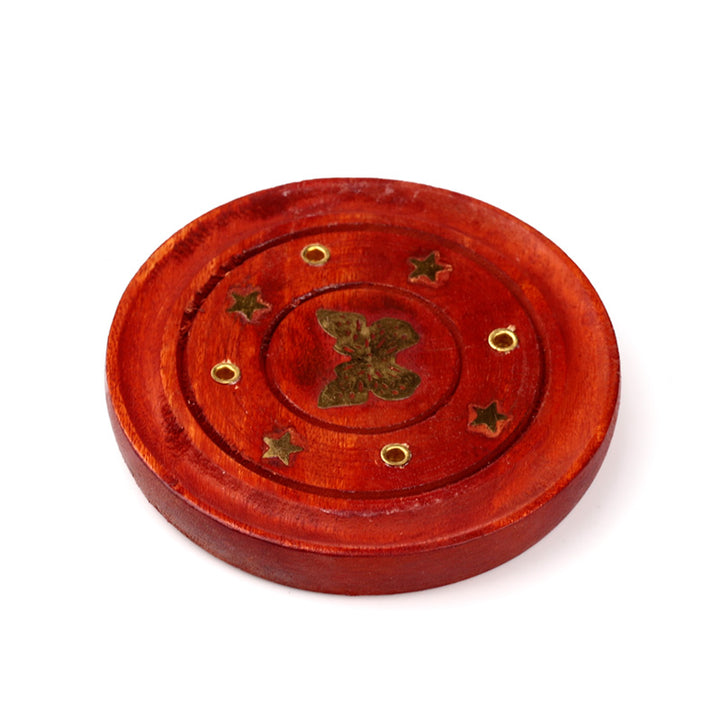 Mango Wood Round Ashcatcher Incence Burner with Butterfly Inlay IF165M