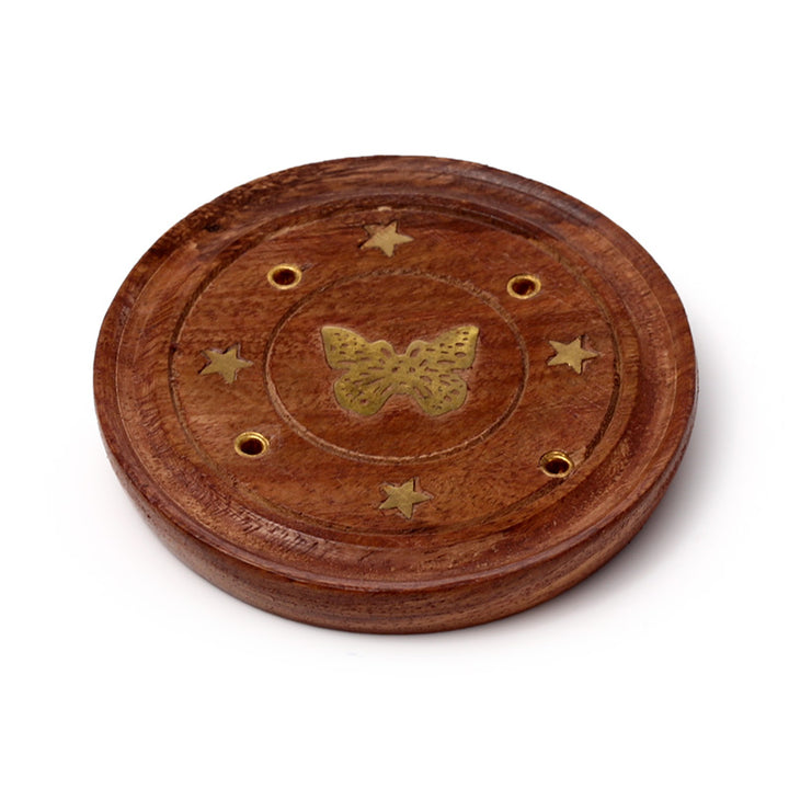 Sheesham Wood Round Ashcatcher Incence Burner with Butterfly Inlay IF165