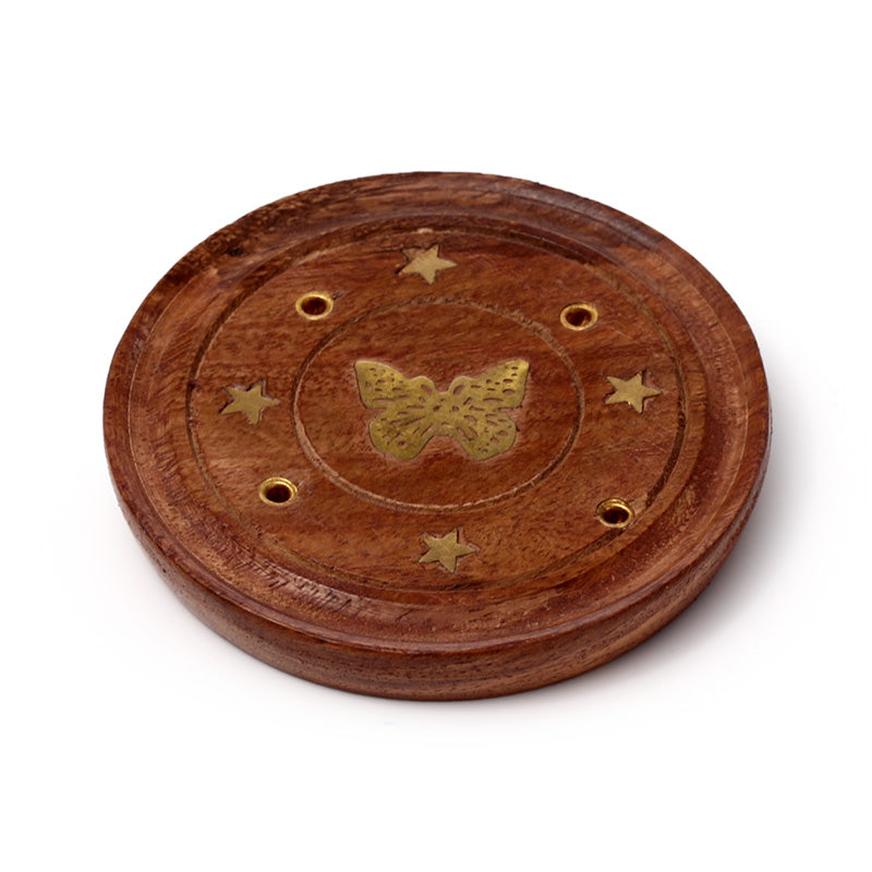 Sheesham Wood Round Ashcatcher Incence Burner with Butterfly Inlay IF165