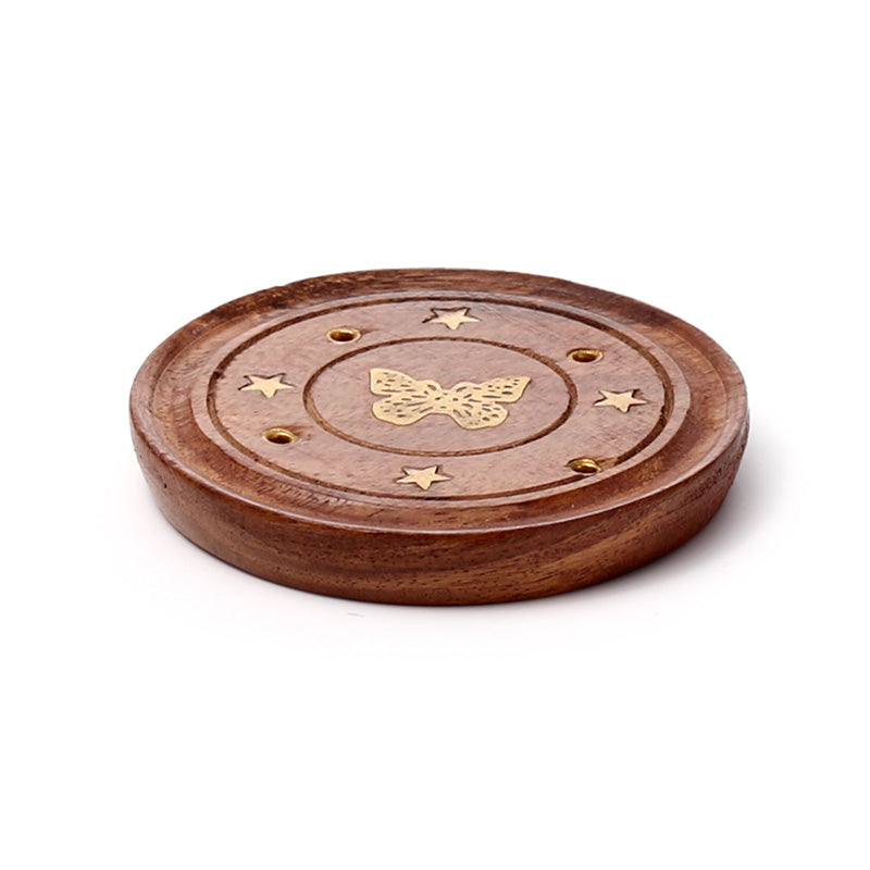 Sheesham Wood Round Ashcatcher Incence Burner with Butterfly Inlay IF165