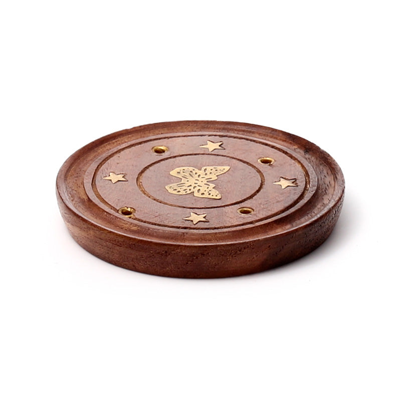 Sheesham Wood Round Ashcatcher Incence Burner with Butterfly Inlay IF165