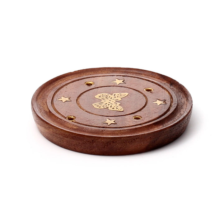 Sheesham Wood Round Ashcatcher Incence Burner with Butterfly Inlay IF165