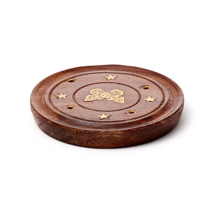 Sheesham Wood Round Ashcatcher Incence Burner with Butterfly Inlay IF165