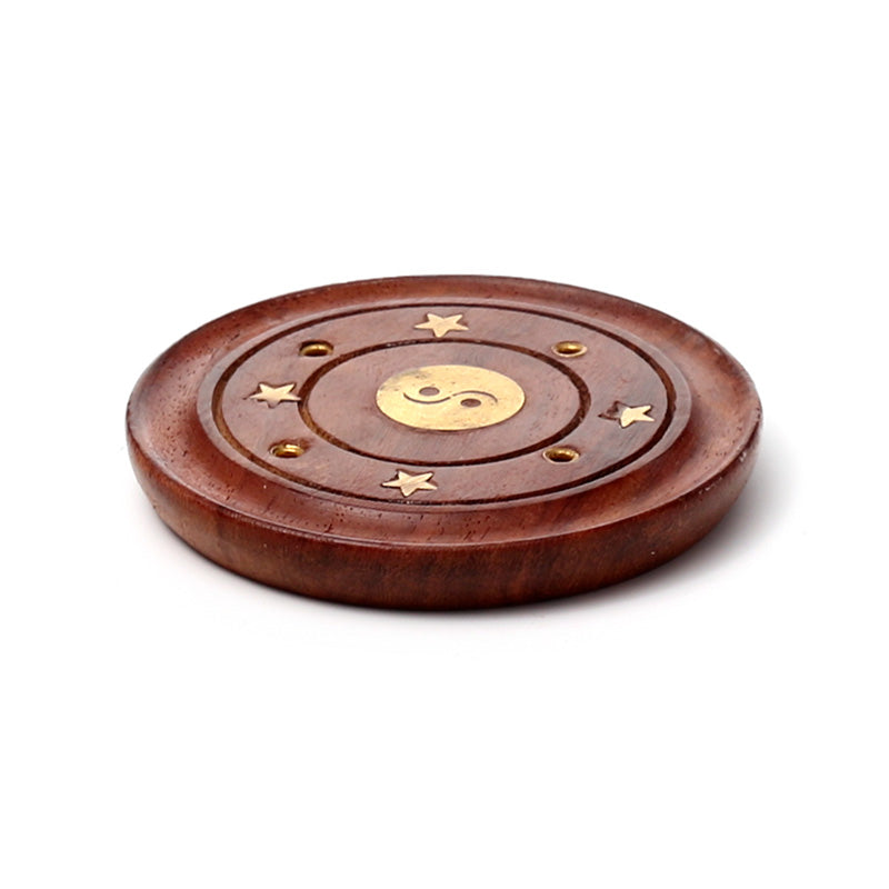 Sheesham Wood Round Ashcatcher Incence Burner with Yin Yang Inlay IF166