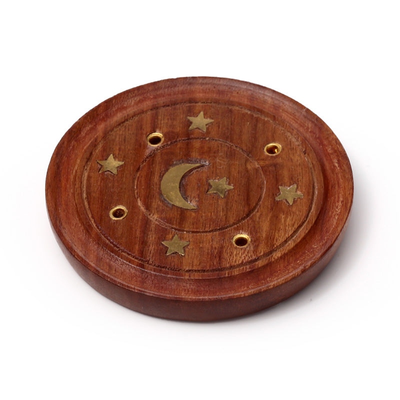 Sheesham Wood Round Ashcatcher Incence Burner with Moon & Stars Inlay IF167