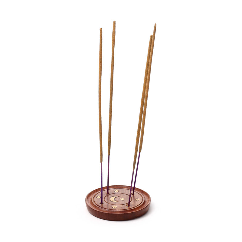Sheesham Wood Round Ashcatcher Incence Burner with Moon & Stars Inlay IF167