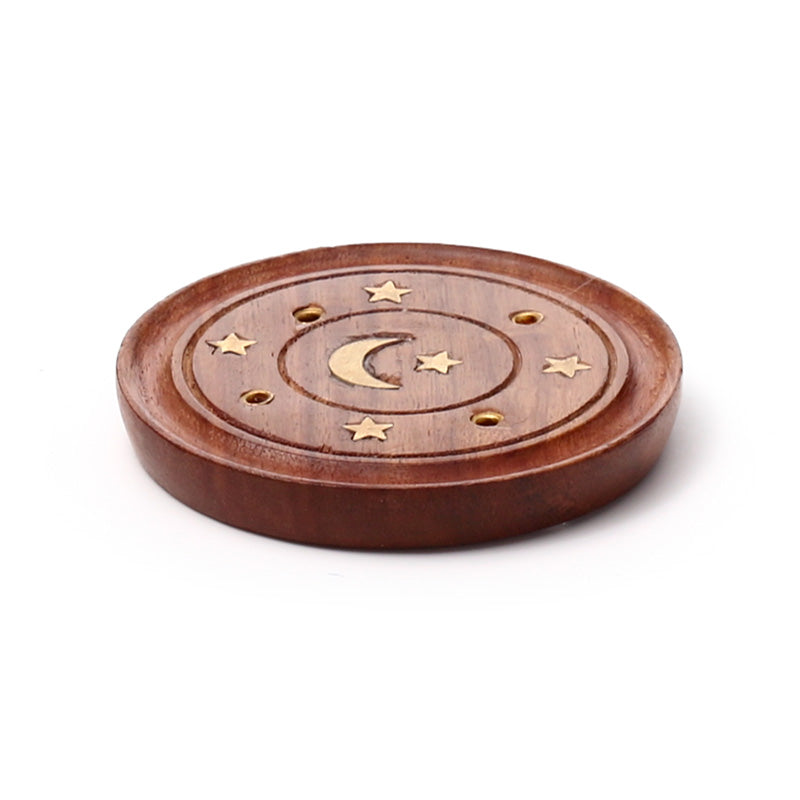Sheesham Wood Round Ashcatcher Incence Burner with Moon & Stars Inlay IF167