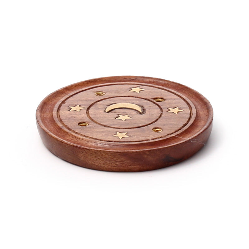 Sheesham Wood Round Ashcatcher Incence Burner with Moon & Stars Inlay IF167