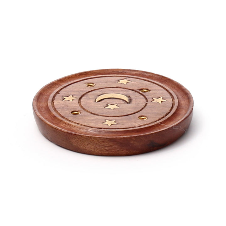 Sheesham Wood Round Ashcatcher Incence Burner with Moon & Stars Inlay IF167