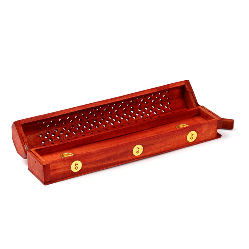 Mango Wood Ashcatcher Incense Burner Box Box Yin Yang Inlay IF173M