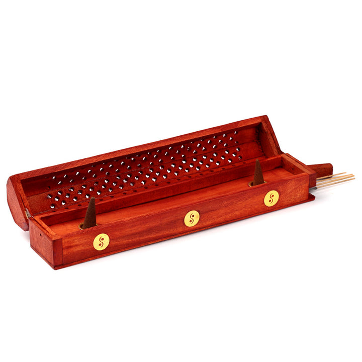 Mango Wood Ashcatcher Incense Burner Box Box Yin Yang Inlay IF173M