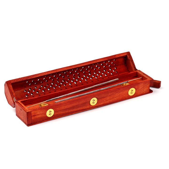Mango Wood Ashcatcher Incense Burner Box Box Yin Yang Inlay IF173M