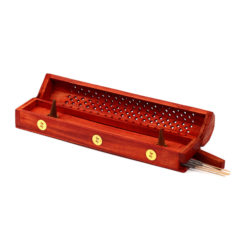 Mango Wood Ashcatcher Incense Burner Box Box Yin Yang Inlay IF173M