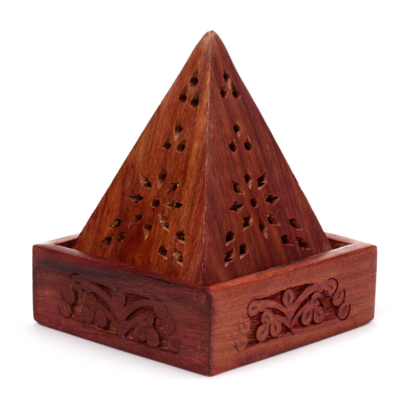 Sheesham Wood Pyramid Incense Cone Box with Flower Fretwork IF198