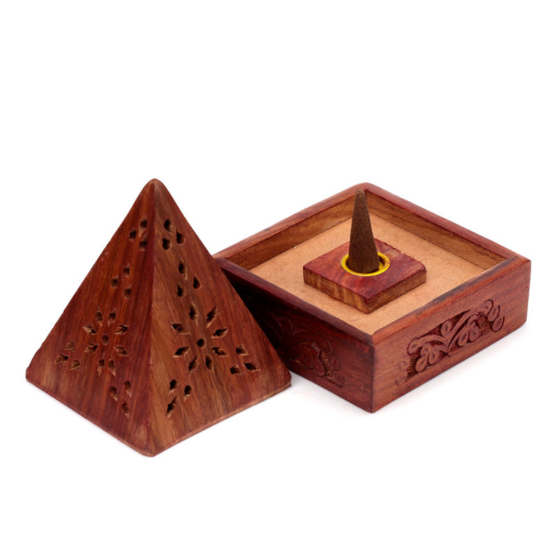 Sheesham Wood Pyramid Incense Cone Box with Flower Fretwork IF198