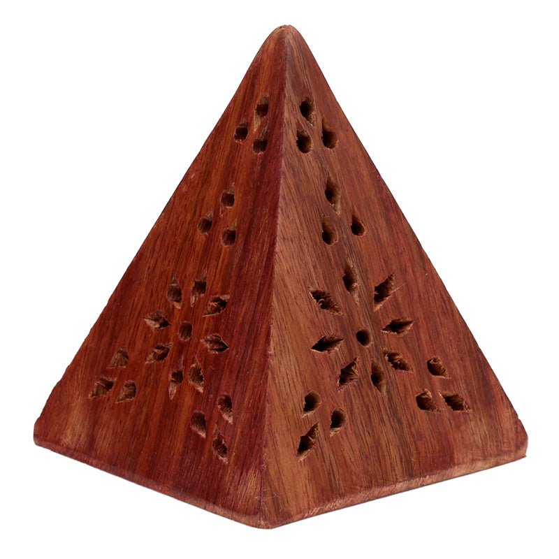 Sheesham Wood Pyramid Incense Cone Box with Flower Fretwork IF198