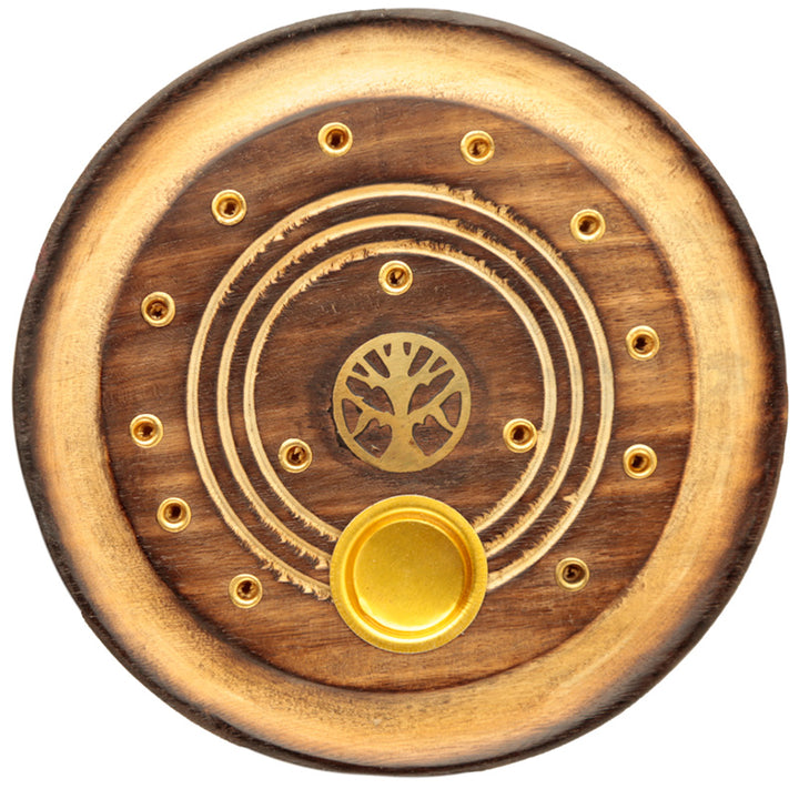Mango Wood Round Tree of Life Ashcatcher Incense Burner IF224