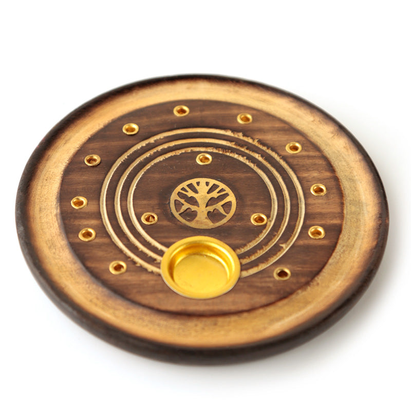 Mango Wood Round Tree of Life Ashcatcher Incense Burner IF224