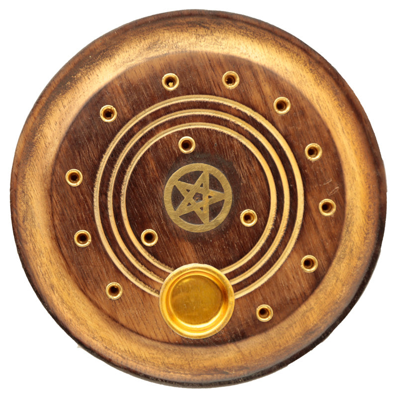 Mango Wood Round Pentagram Ashcatcher Incense Burner IF225
