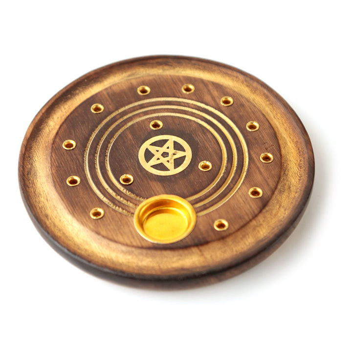 Mango Wood Round Pentagram Ashcatcher Incense Burner IF225