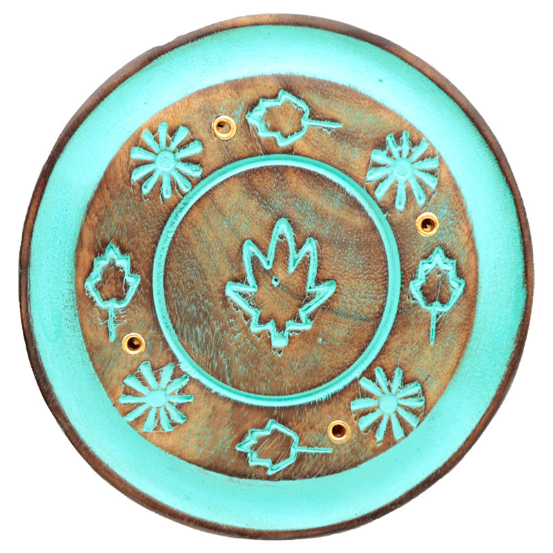 Mango Wood Round Painted Leaf Ashcatcher Incense Burner IF226