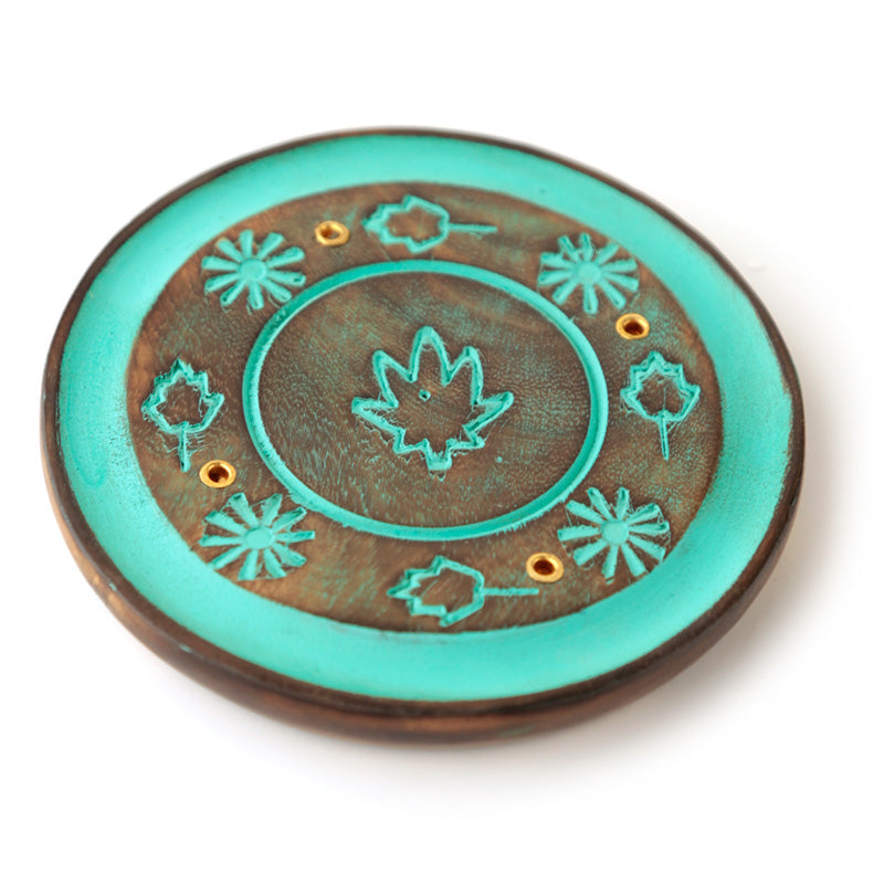 Mango Wood Round Painted Leaf Ashcatcher Incense Burner IF226