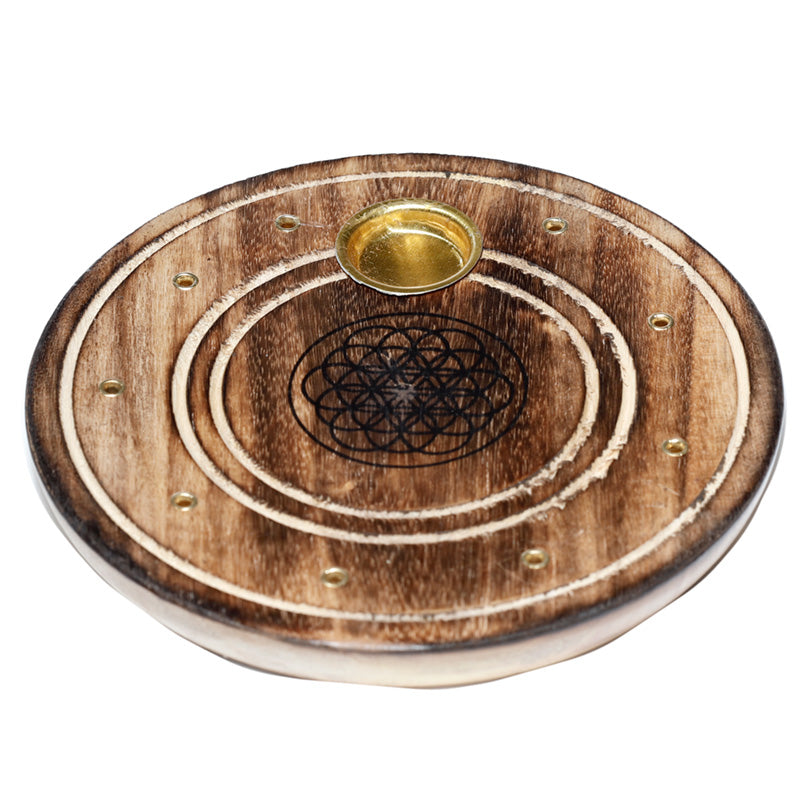 Mango Wood Round Flower of Life Ashcatcher Incense Burner IF234