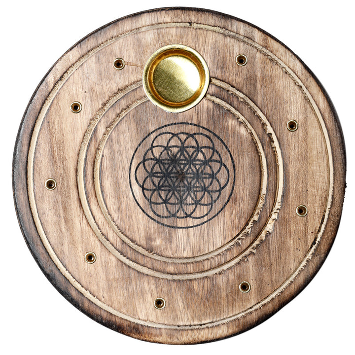 Mango Wood Round Flower of Life Ashcatcher Incense Burner IF234