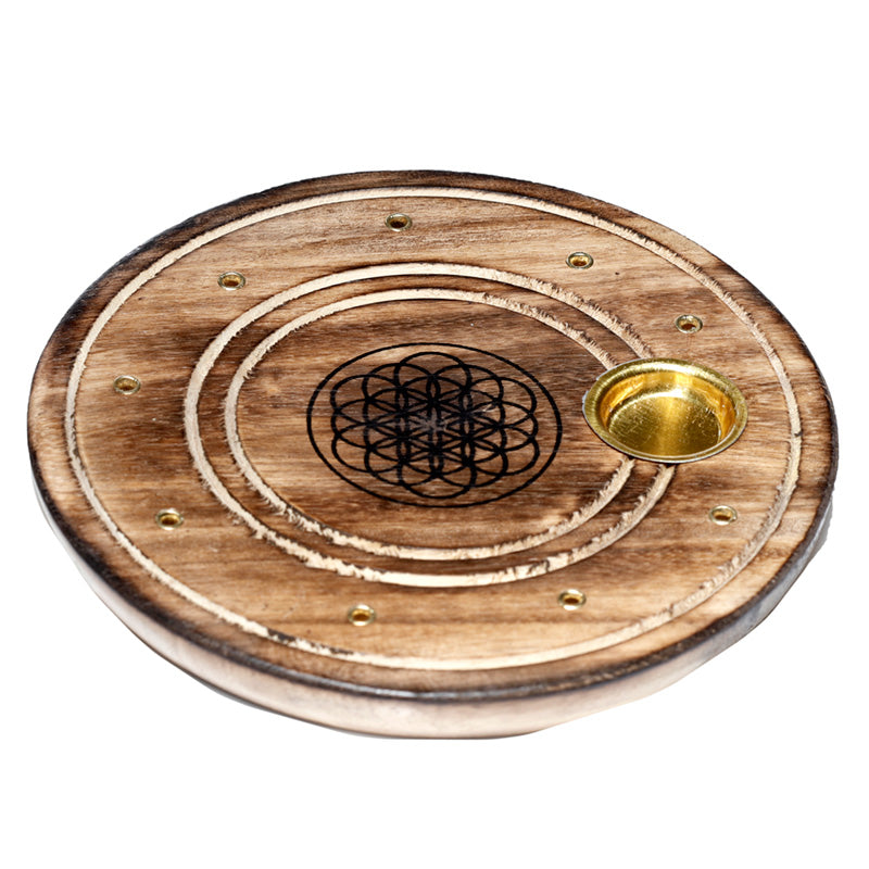 Mango Wood Round Flower of Life Ashcatcher Incense Burner IF234