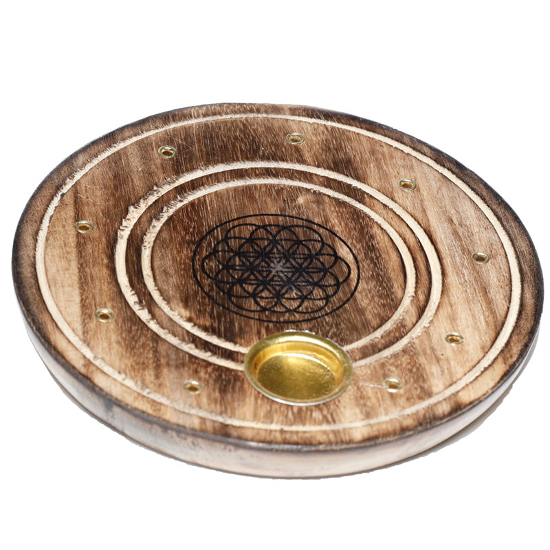 Mango Wood Round Flower of Life Ashcatcher Incense Burner IF234