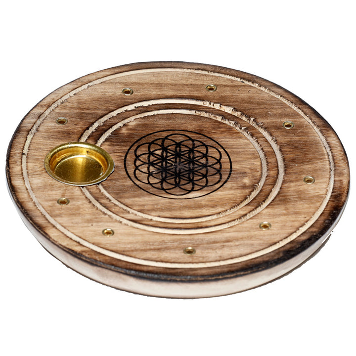 Mango Wood Round Flower of Life Ashcatcher Incense Burner IF234