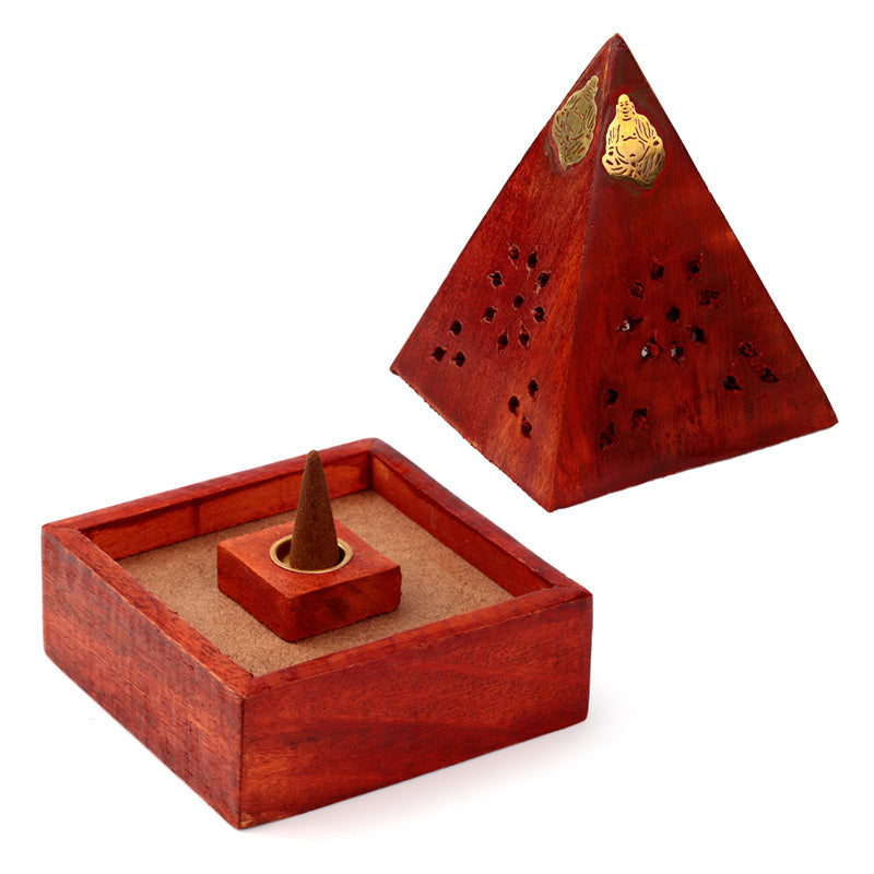 Mango Wood Pyramid Incense Cone Burner Box with Buddha & Fretwork IF245M