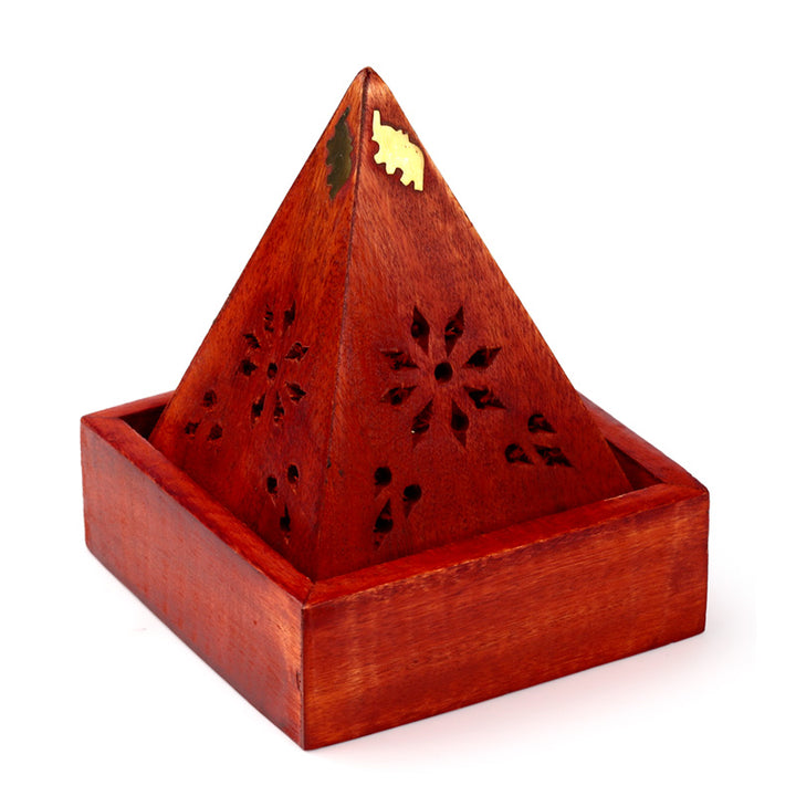 Mango Wood Pyramid Incense Cone Burner Box with Elephant IF246M