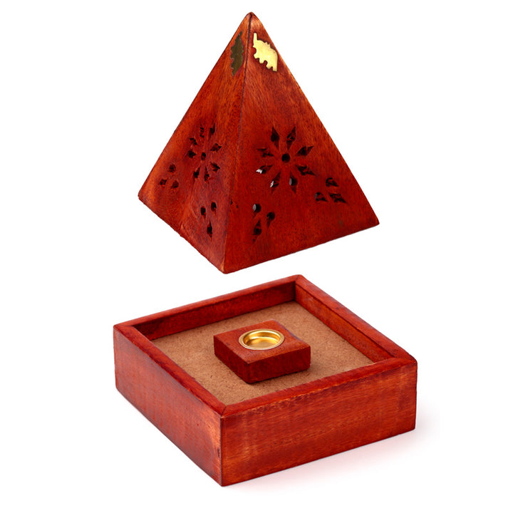 Mango Wood Pyramid Incense Cone Burner Box with Elephant IF246M
