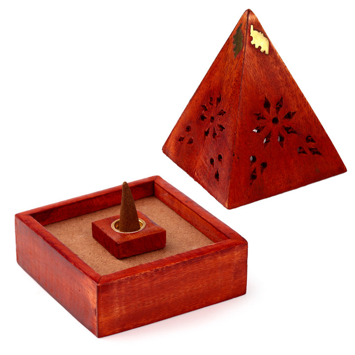 Mango Wood Pyramid Incense Cone Burner Box with Elephant IF246M