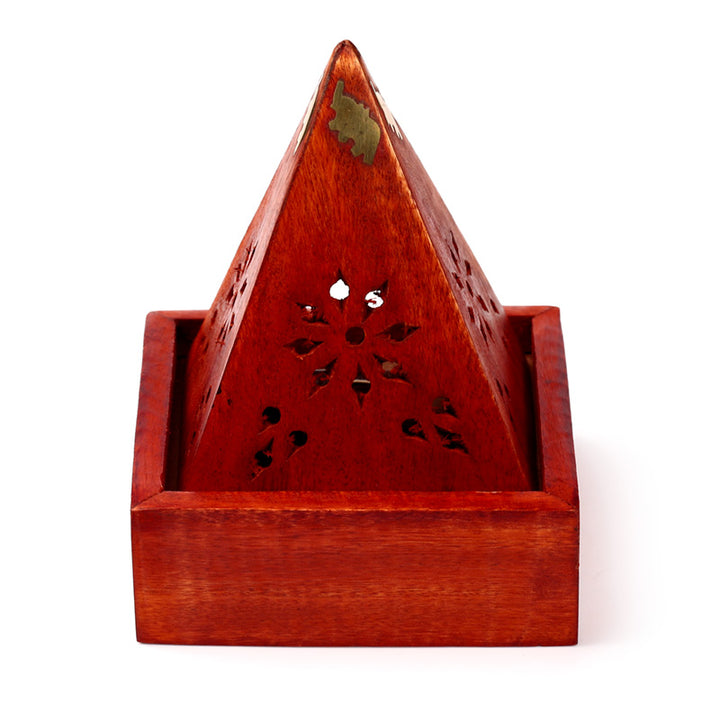 Mango Wood Pyramid Incense Cone Burner Box with Elephant IF246M