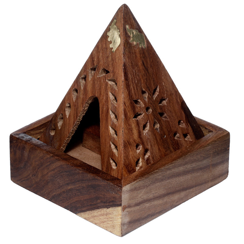 Sheesham Wood Pyramid Incense Cone Burner Box with Elephant IF246