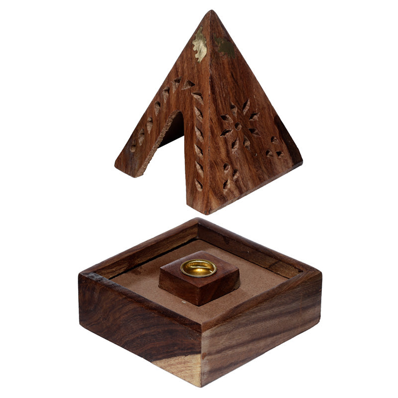Sheesham Wood Pyramid Incense Cone Burner Box with Elephant IF246