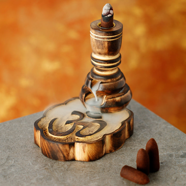 Om Carved Mango Wood Backflow Incense Burner IF254