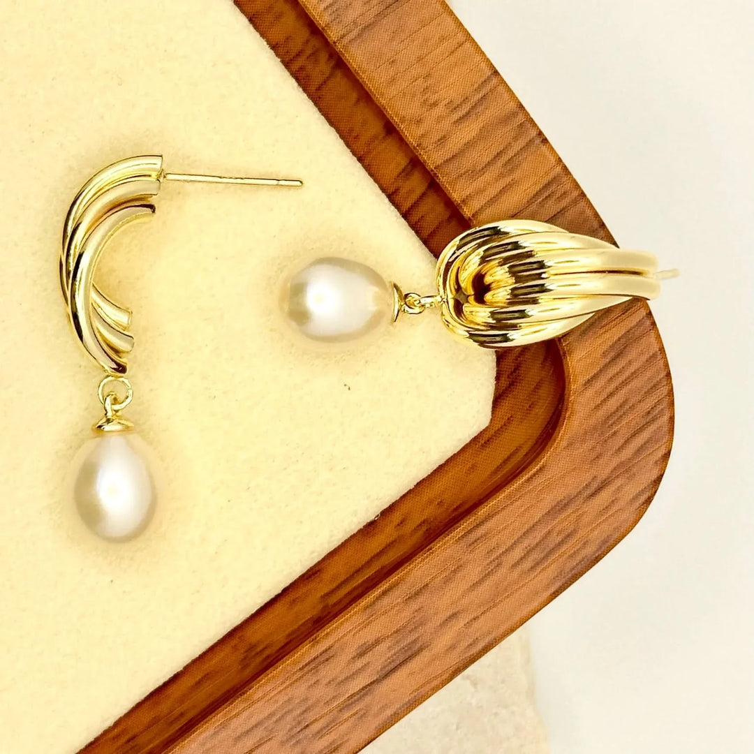 Gold Angel Stud Pearl Drop Earrings