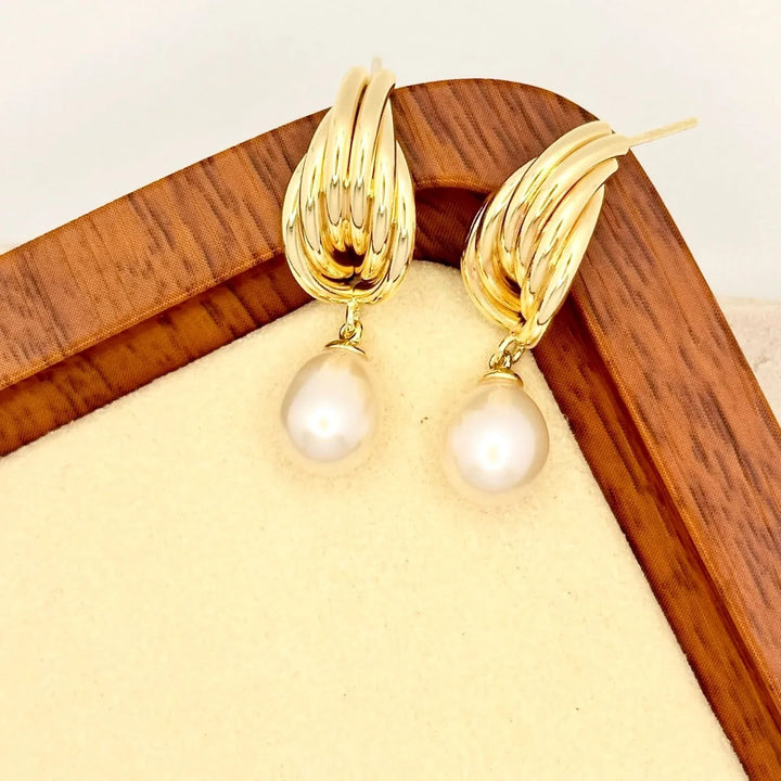 Gold Angel Stud Pearl Drop Earrings