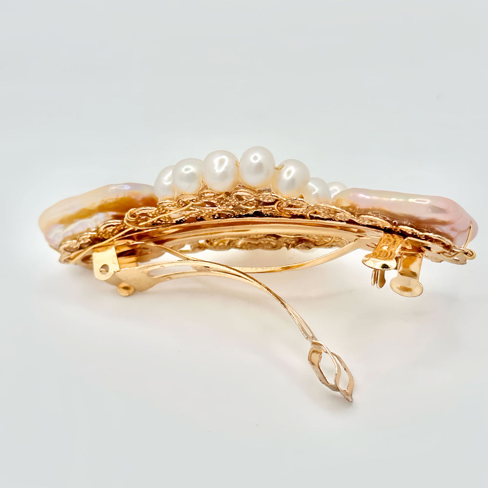 Enchanting Pink Pearl & Gold Filigree Hair Clip