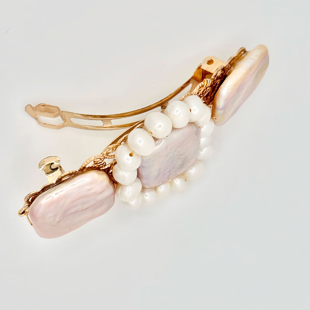Enchanting Pink Pearl & Gold Filigree Hair Clip