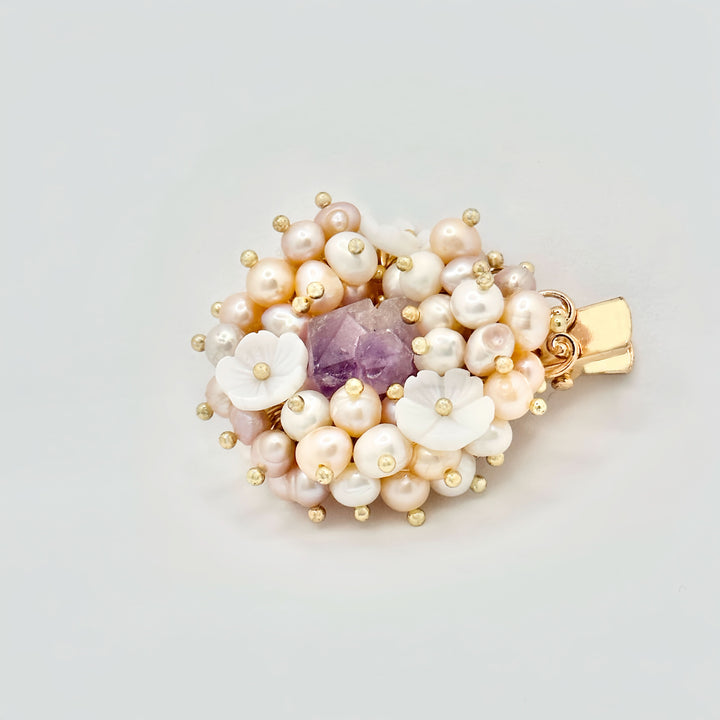 Natural Amethyst and Pearl Flower Hair Clip