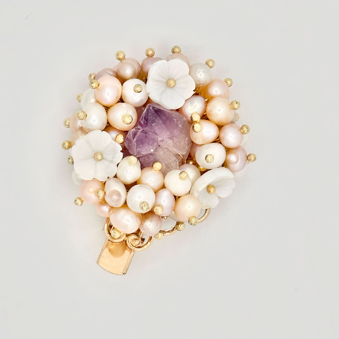Natural Amethyst and Pearl Flower Hair Clip