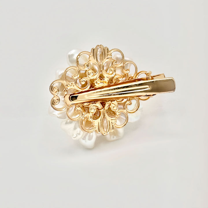 Lustrous Baroque Pearl Floral Hair Clip with Golden Accents
